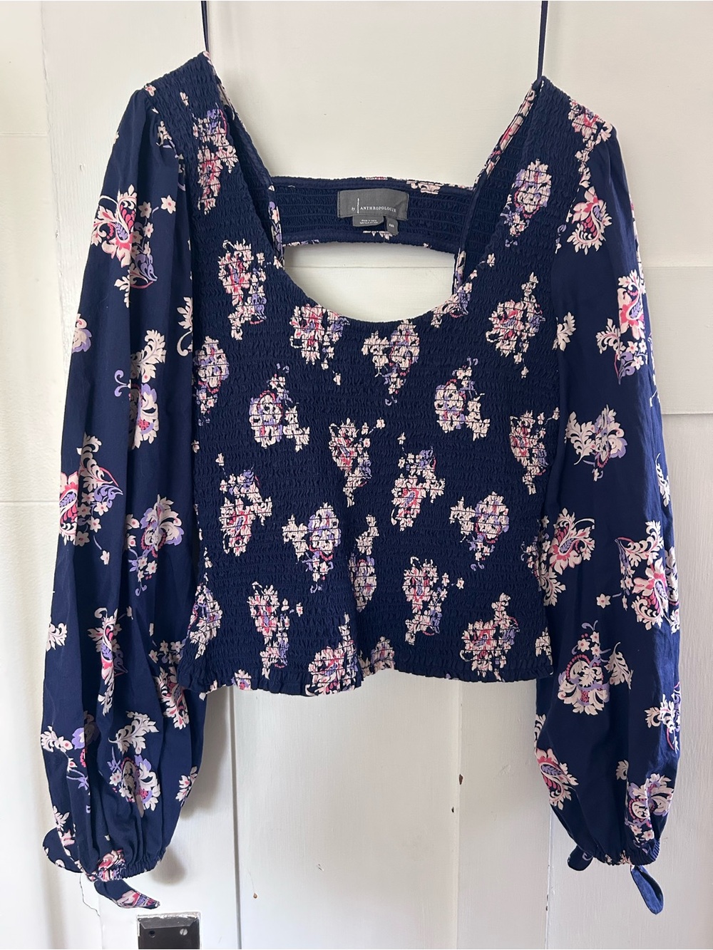 Anthropologie Navy Floral Smocked Square-Neck Tunic